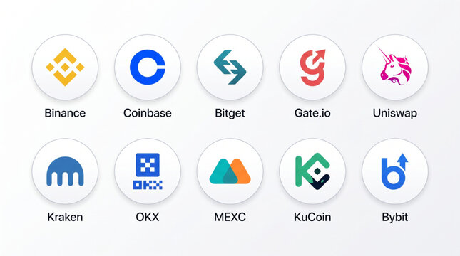 Cryptocurrency exchange logo icon set with Binance, Coinbase, Bitget, Gate.io, Uniswap, Kraken, OKX, MEXC, KuCoin and Bybit logotypes. Digital trading platform apps for UI UX web design illustration.