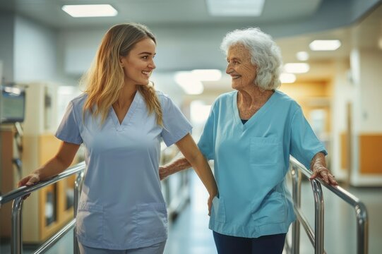 Nurse supporting elderly woman as they walk between parallel bars in a bright hospital corridor, compassionate and focused rehabilitation moment