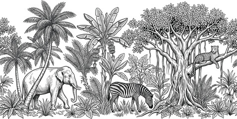 Vintage Tropical Jungle Wallpaper Border Vector Illustration with Safari Animals Elephant Zebra Leopard Etching and Intricate Rainforest Flora Pattern Design © SHILA