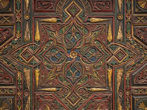 Traditional Minangkabau Rumah Gadang Carved Wooden Wall Close-Up, Colorful Geometric Heritage Architecture