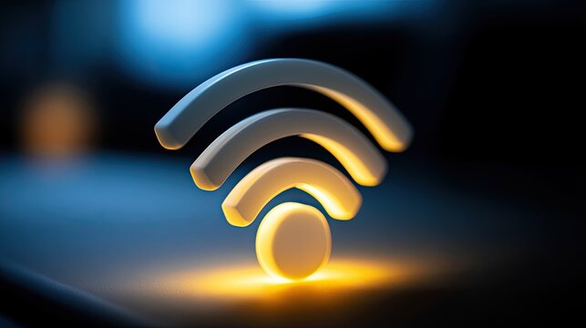 Glowing wireless signal emblem radiating warm light on dark background