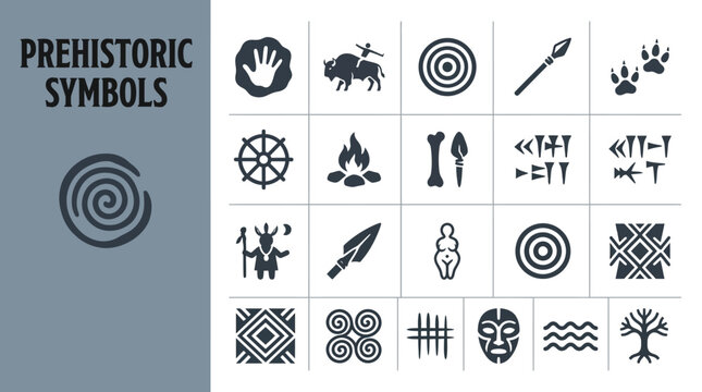 Collection of Prehistoric Symbols and Icons Representing Ancient Life and Culture