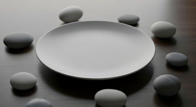 Gray plate surrounded by smooth stones.
