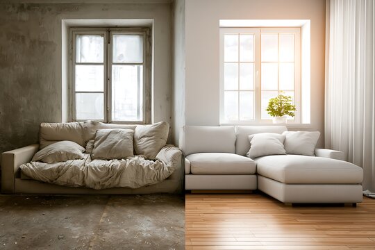 Apartment living room before and after renovation