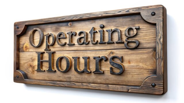 Operating hours lettering on medieval ancient sign wooden board on plain white background