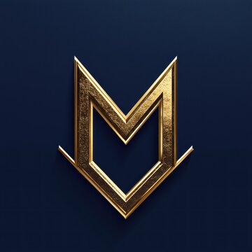 shiny gold geometric emblem shaped like an abstract m on a deep navy background conveying luxury and regal elegance