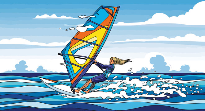 Vector illustration of a female windsurfer riding fast waves on a colorful sailboard in the ocean.