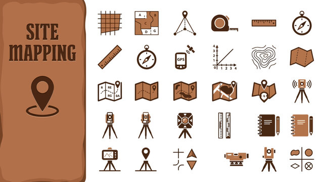 Collection of Site Mapping and Surveying Icons, Featuring Tools and Techniques for Land Measurement and Geographic Representation