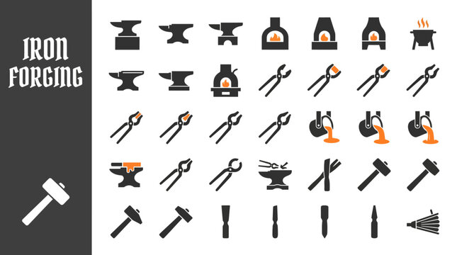 Collection of blacksmithing and metalworking tools and equipment, including anvils, hammers, tongs, and furnaces