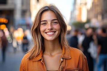 Obraz premium young person with shoulder-length light brown hair in orange denim jacket standing on busy city street with blurred crowd and soft bokeh, calm neutral posture and anonymous face