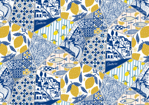 Abstract illustration of Mediterranean lifestyle with lemon lemonade Positano Amalfi sardines design pattern