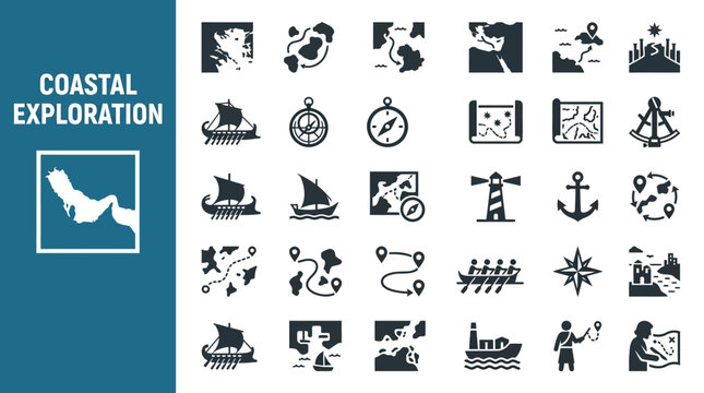 Coastal Exploration Icon Sheet A Comprehensive Collection of Maritime and Travel Symbols
