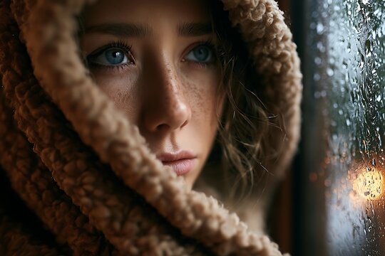 Young woman feeling sadness looking through rainy window