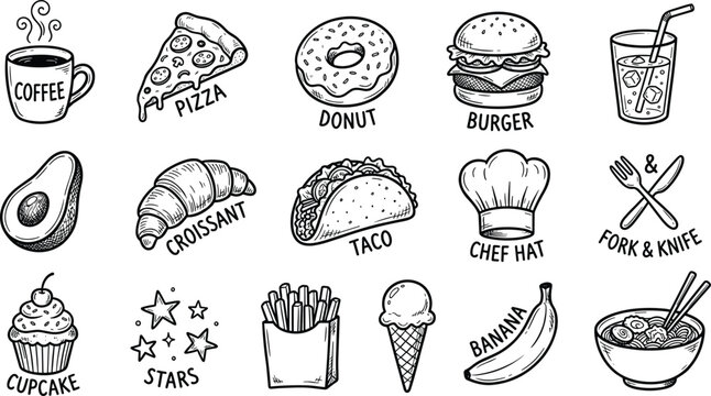 Hand Drawn Fast Food and Cafe Vector Icon Set with Pizza, Burger, Coffee, Taco, and Donut Doodle Elements for Restaurant Menu Branding Layouts