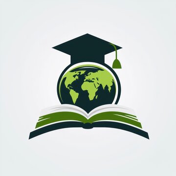 Stylized green globe wearing a graduation cap rising from an open book, symbolizing global education, academic growth, and inspiration