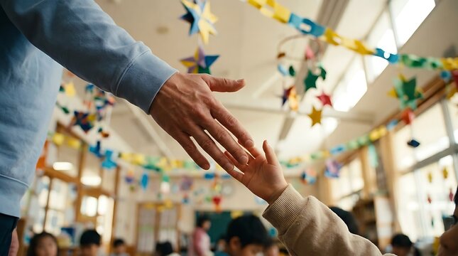Teacher Reaching Out to Help Child in Kindergarten Classroom