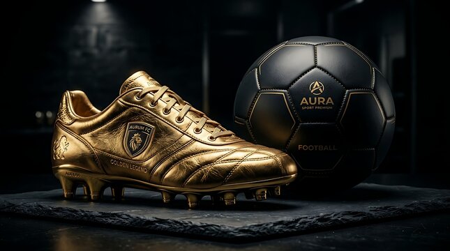 Golden soccer cleat beside black football with a u r a