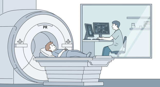 Patient in MRI scanner with technician monitoring scan on computer screen