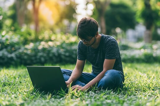 Person working on laptop outdoors in park grass