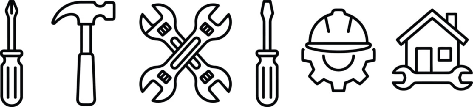 Black line icons of tools and construction equipment