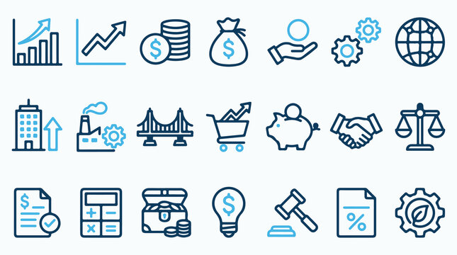 Finance and economy line icon set. Blue and dark blue vector icons representing banking, investment, business, and financial growth.