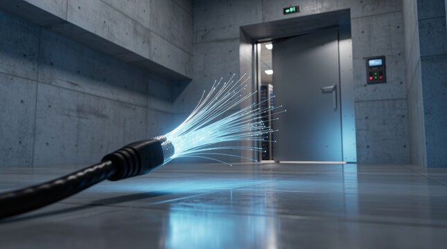 Fiber optic cable glowing with blue light in modern building hallway