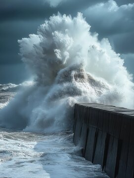 Massive ocean wave crashing against a concrete sea wall under a stormy sky, explosive spray and foam conveying raw power and awe