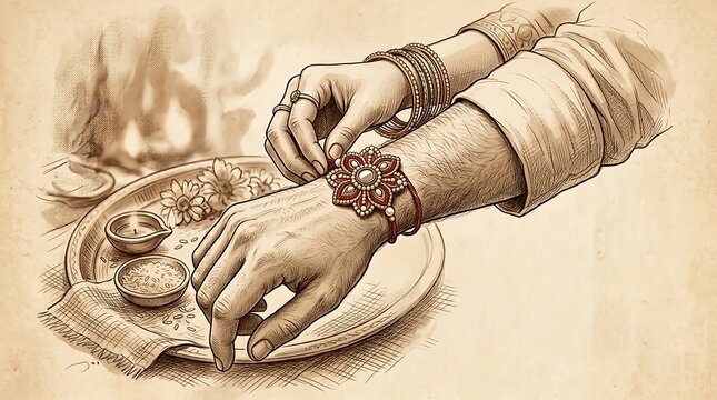 Sepia toned illustration of a rakhi tying ritual on a festive puja plate background with raksha bandhan, illustration