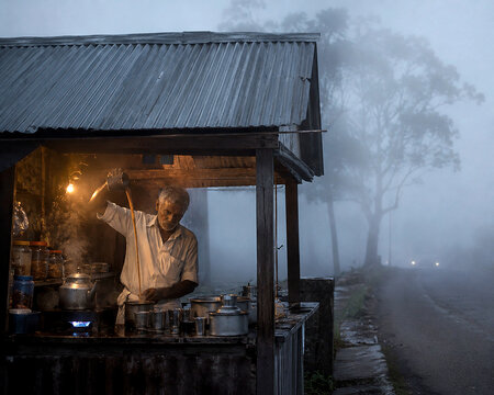 Elderly Indian Man Pouring Chai at Roadside Tea Stall Opening at 5am in Dense Kodaikanal Hill Station Fog