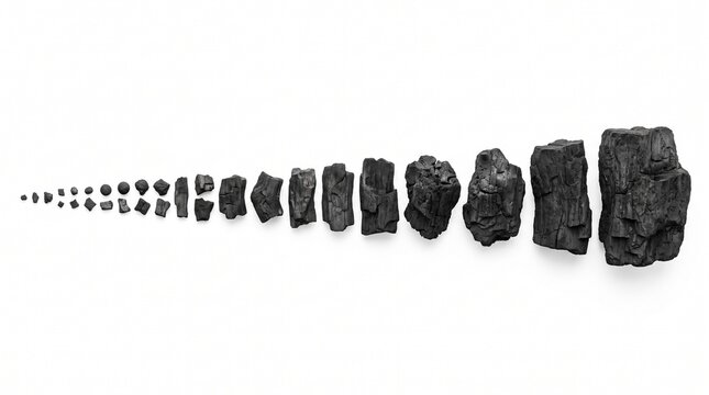 Natural Charcoal Pieces from Small to Large Isolated on White