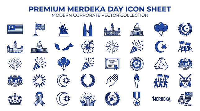 Merdeka Day icons depict various cultural symbols and landmarks in a modern corporate vector style collection.
