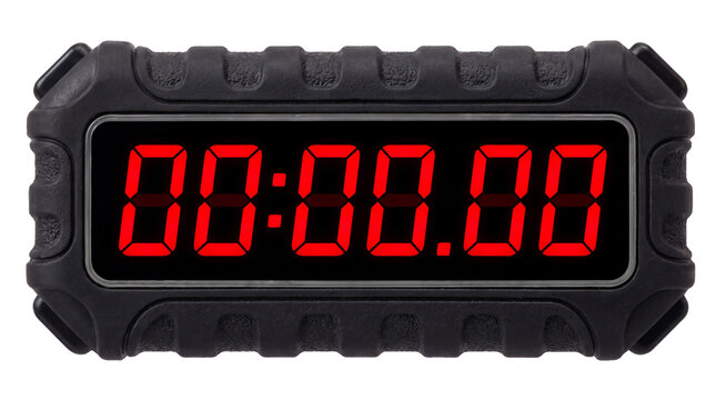 Rugged digital timer displaying zero time with bright red LED digits in a durable black casing on transparent background