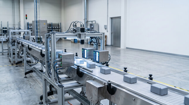 Conveyor belt system moving packages through automated vision inspection in factory