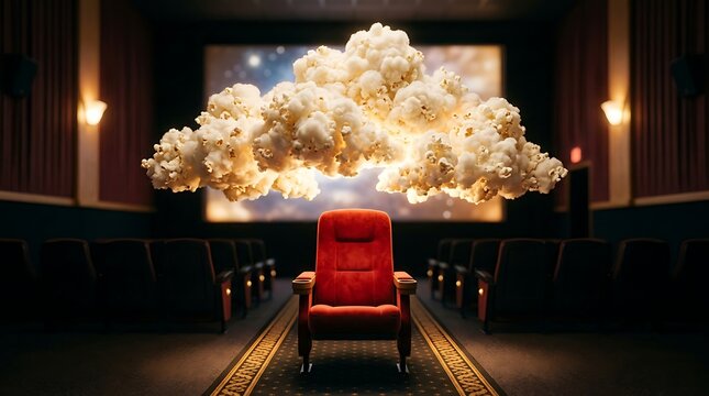 Red cinema seat under a surreal floating popcorn cloud in a theater