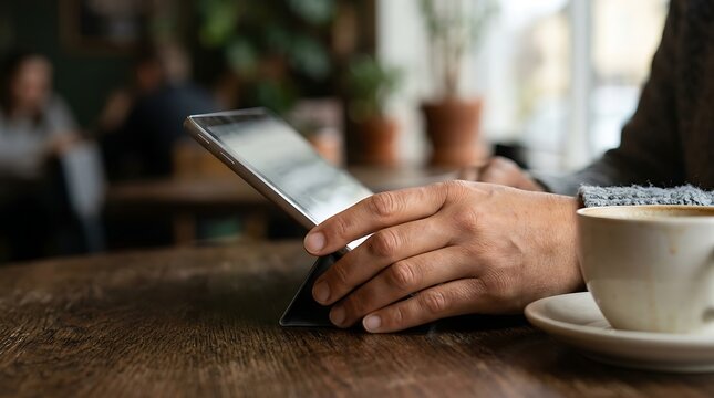 Person using a digital tablet at a cafe wooden table
