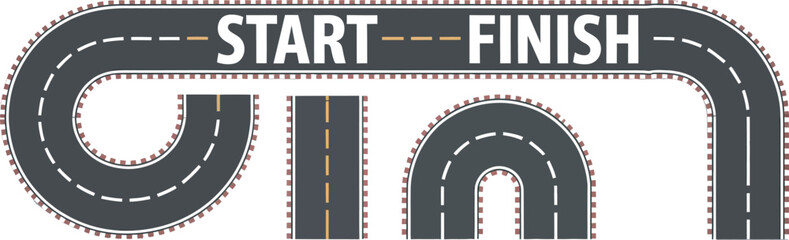 Car racing road icon collection, vector graphics showcasing kart tracks, circuit layouts, racing highways, speed lanes, drift car symbols, finish flags, and motorsport elements suitable for automotive © Dalim