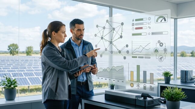 Engineers analyzing solar farm data on holographic display, renewable energy management system interface with charts and graphs