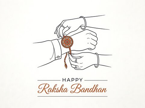 Happy raksha bandhan line art greeting card design with hands tying a festive wrist thread festival greeting illustration