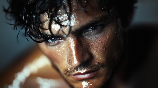close-up portrait of a wet young man with water droplets and salt flakes on his skin, tousled dark hair and an intense brooding stare