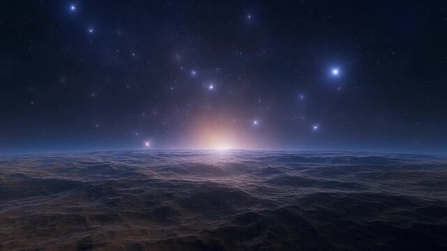 Distant celestial light breaking over dark, turbulent ocean waves under a starry expanse