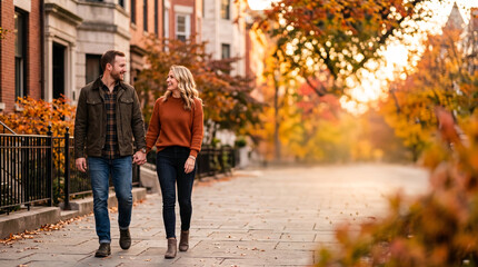 Obraz premium Couple holding hands walking urban street during beautiful autumn season