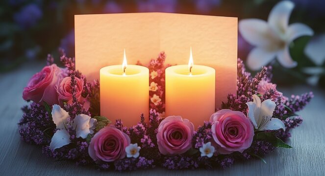 two lit pillar candles nestled in a floral wreath of pink roses, white blossoms and purple filler with a folded card behind, glowing warm and serene on a wooden table