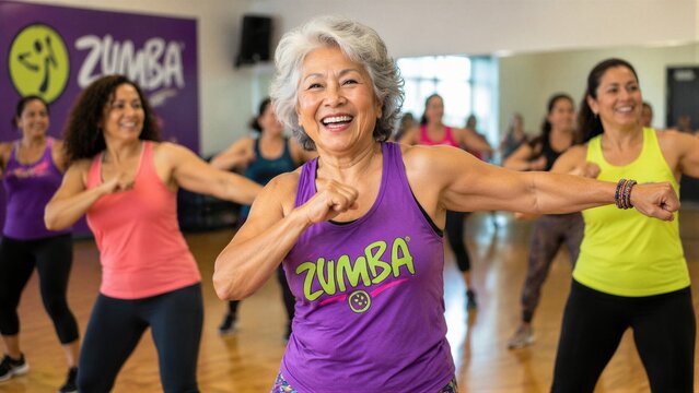 Senior woman leading zumba class in fitness studio group