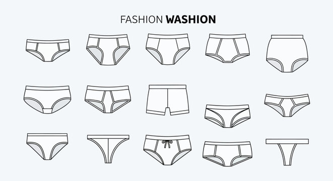 Men underwear fashion flat sketches vector set of different briefs and boxers styles outline templates.