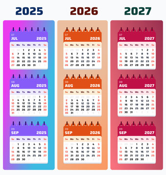 Quarterly calendar template presenting July, August, and September across 2026 and 2027 in colorful layouts. Professional vector illustration for scheduling, office organization, and productivity