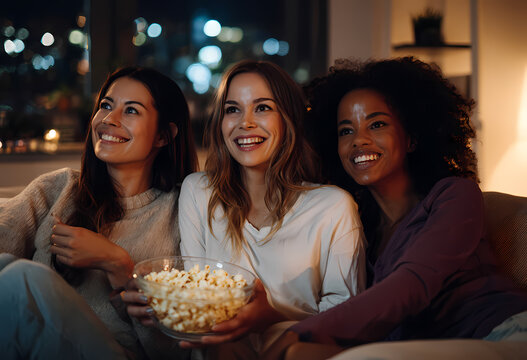Tres amigas multirraciales sentadas en el sof&aacute; riendo y comiendo palomitas mientras ven una pel&iacute;cula por la noche