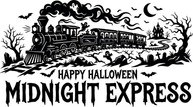 Happy helloween day vintage halloween train illustration with ghosts and spooky landscape