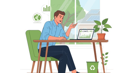 Obraz premium Man works on laptop at desk, green office, sustainability concept