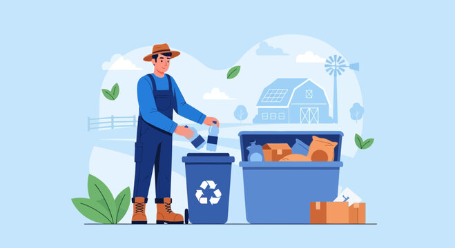 Farmer Recycling Bottles and Cardboard at Rural Farm Eco-Friendly
