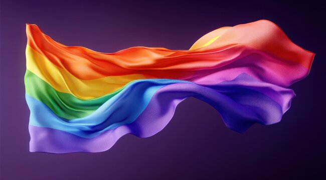 Flowing multicolored rainbow fabric flag waving against a deep purple background, silky folds and vibrant motion conveying celebration and freedom